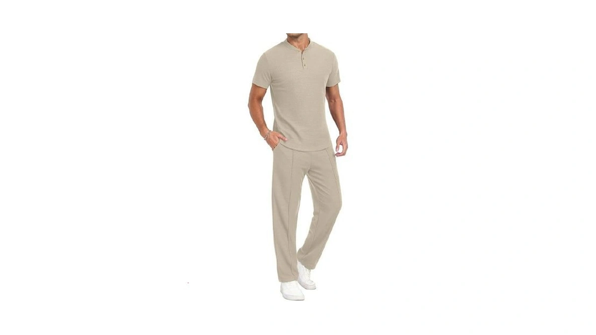 Prinstory Men's Short Sleeve Outfits Waffle Knit Henley Shirt And