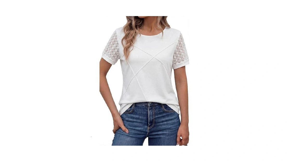 Women's Short Sleeve Shirts, Dressy Lace Summer Trendy T-shirts, Casual