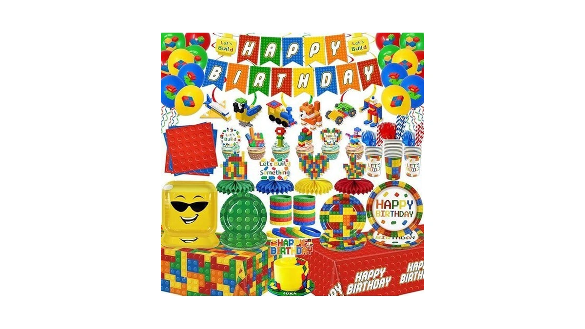 224pcs Building Block Birthday Decorations, All-in-1 Colorful Blocks Plates And