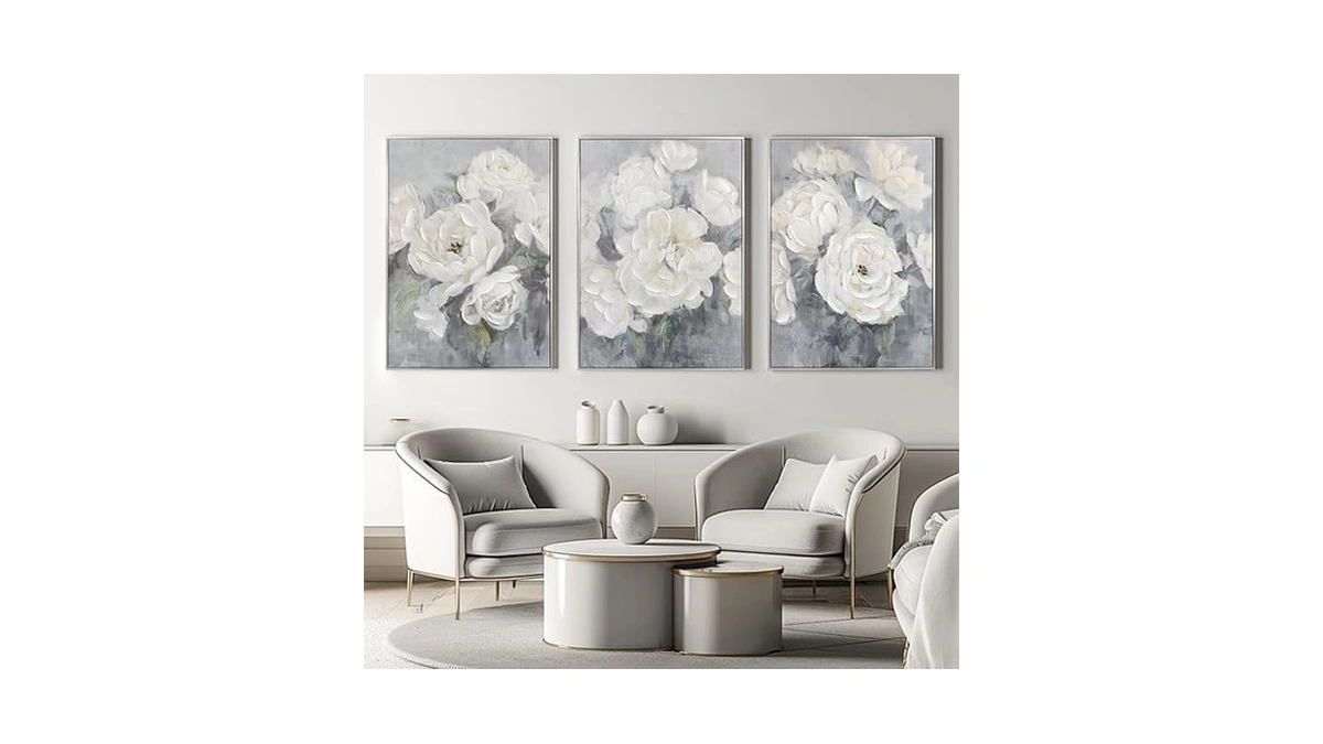 Zessonic Gray And White Floral Wall Art Textured Set Of