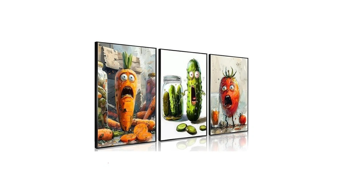 Funny Kitchen Canvas Wall Art Set Of 3 Whimsical Pickle