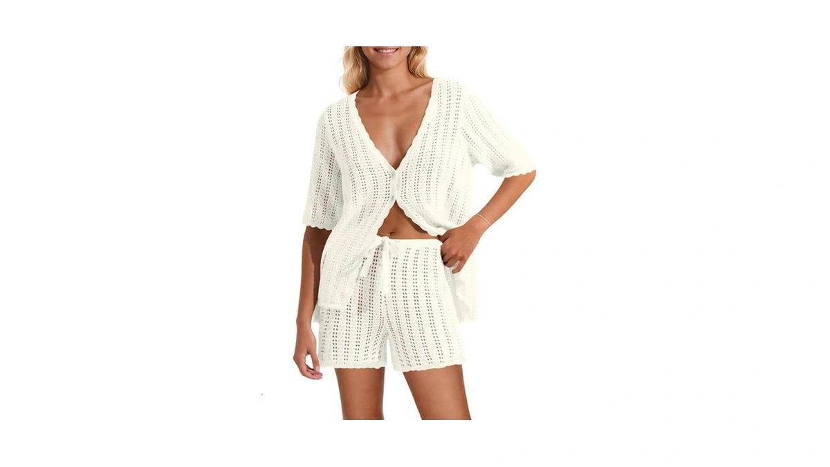 Saodimallsu Womens Crochet Swimsuit Cover Up Short Sleeve V Neck