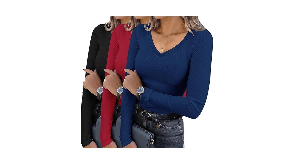 Ekouaer Womens 3 Pack Long Sleeve Shirts V Neck Ribbed