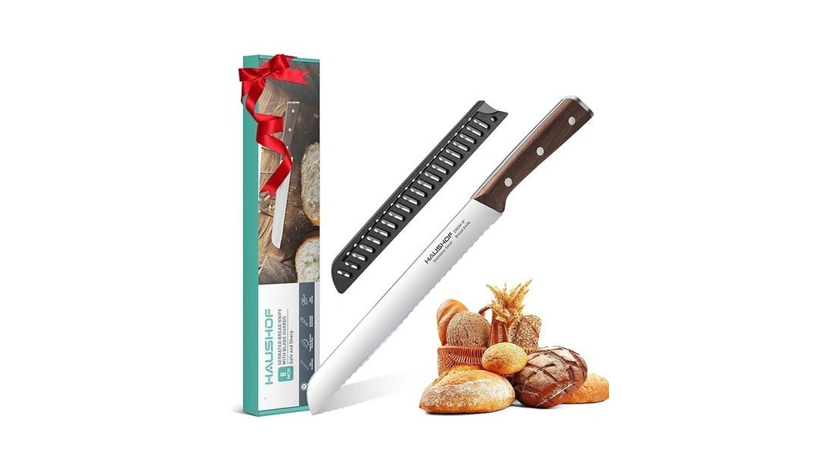 Haushof Bread Knife With Sheath, 8-inch Serrated Bread Knife For