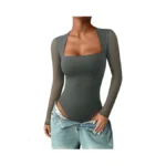 Pinkmstyle Womens Sexy Square Neck Tops Sheer Mesh Long Sleeve