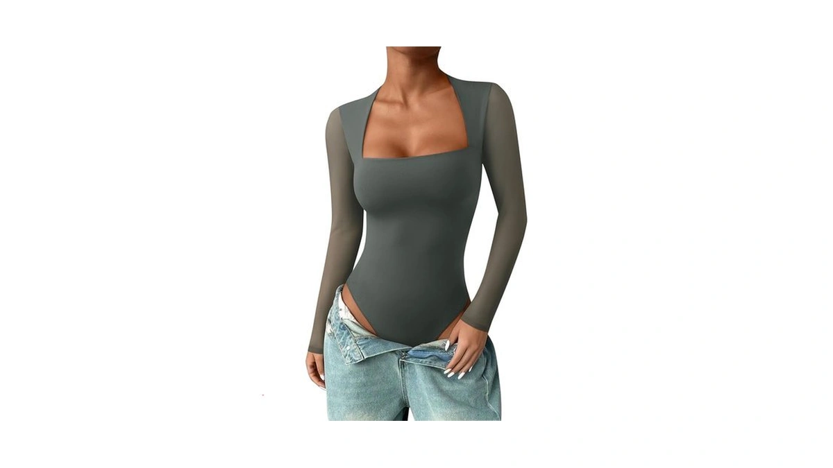 Pinkmstyle Womens Sexy Square Neck Tops Sheer Mesh Long Sleeve