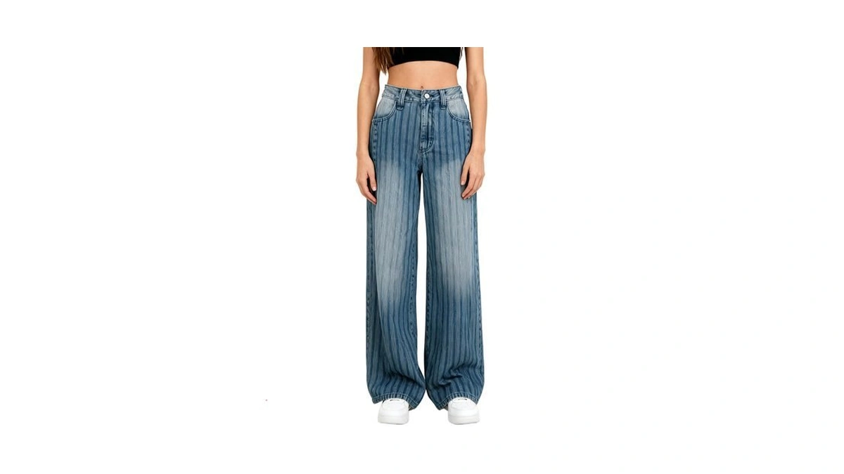 Flvsun Women Y2k Striped Jeans Mid Waist Button Wide Leg