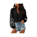 Lookboho Womens Dressy Casual Boho Tops Embroidered V Neck Trendy