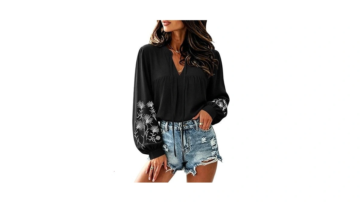 Lookboho Womens Dressy Casual Boho Tops Embroidered V Neck Trendy