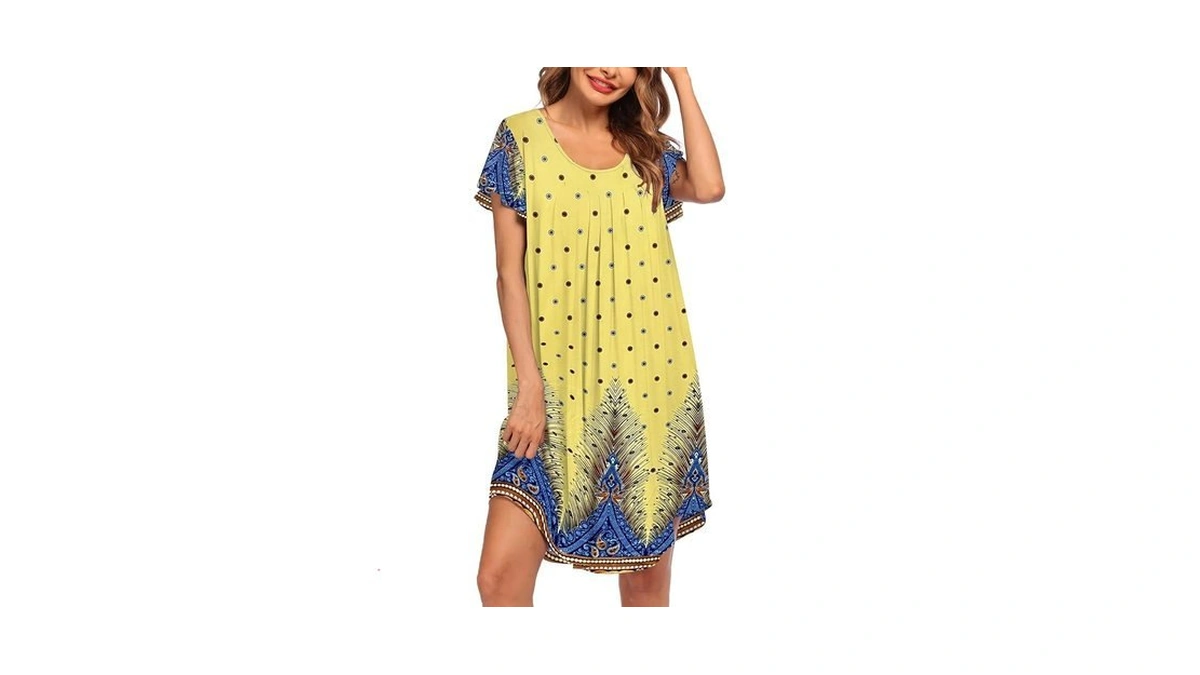 Ekouaer Womens Nightgown Soft Sleepwear Pleated House Dress Short Sleeve