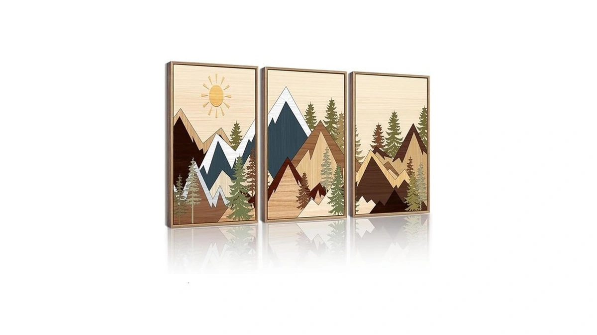 Kuvioke Morden Mountains Pine Tree Forest Framed Wall Art Sunrise