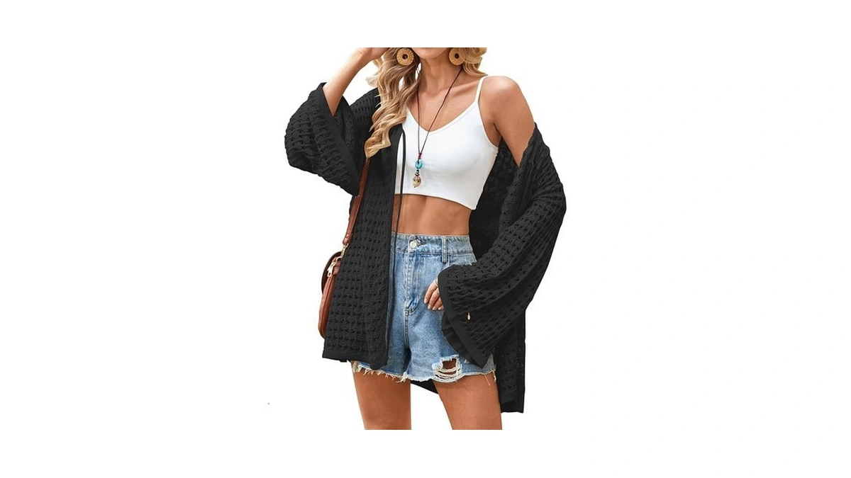 Angashion Women's Crochet Cardigan Sweaters Lightweight Knitted Long Batwing Sleeve