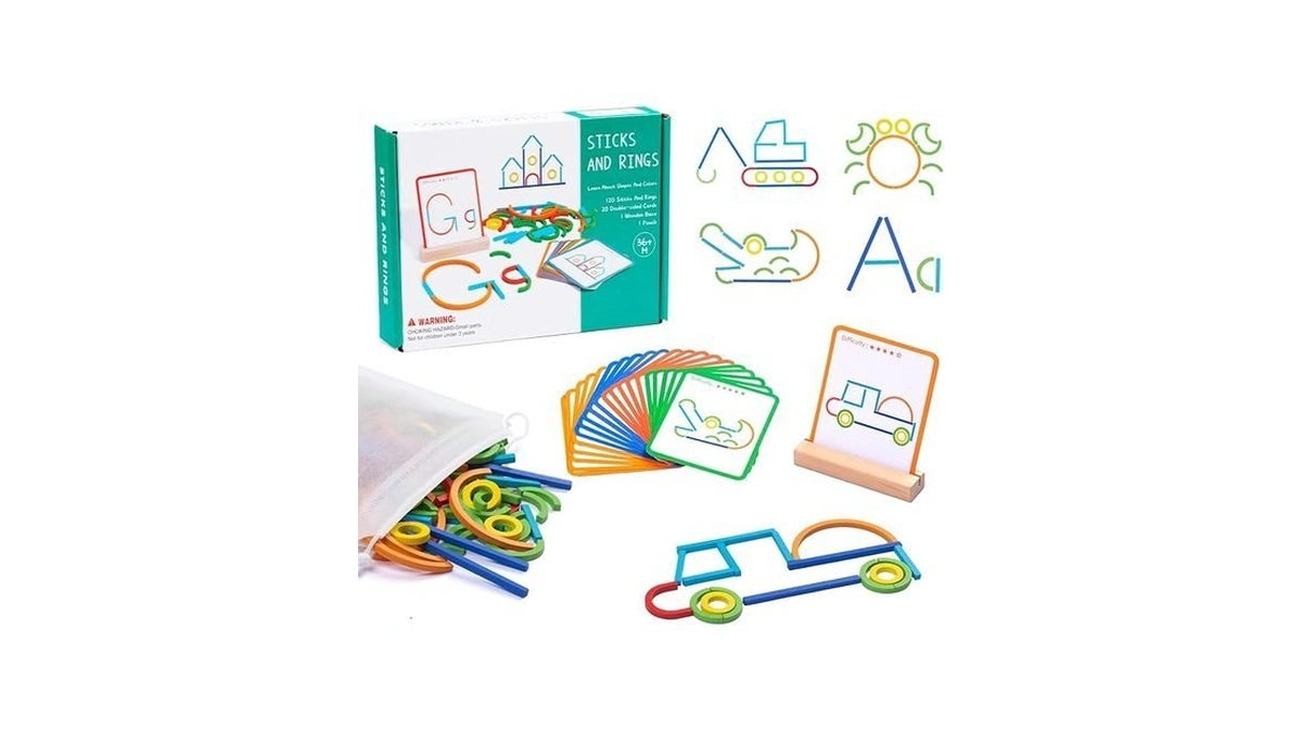 142pcs Wooden Pattern Blocks Montessori Smart Sticks Wooden Tangram Puzzle