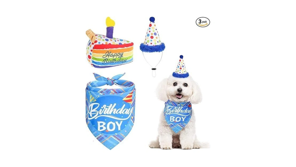 Dog Birthday Bandana Hat With Cake Plush Squeak Toy -