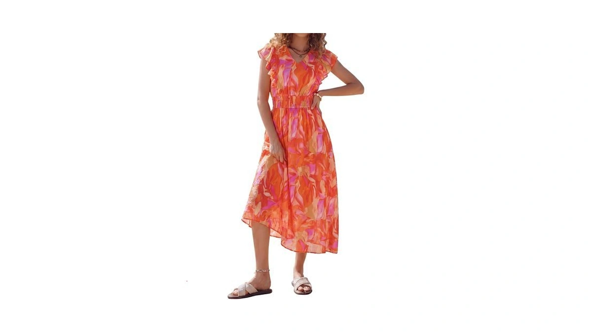 Women's Summer Dress, Casual Floral Boho Maxi Dresses, Flutter Sleeve