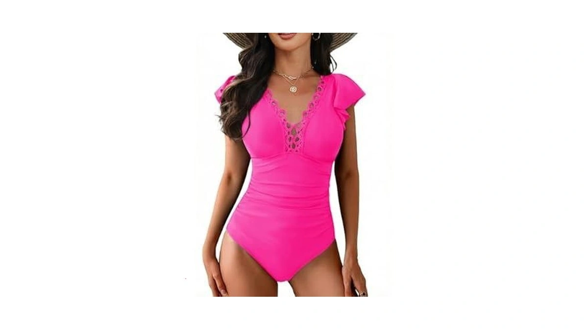 Cicibird Women Tummy Control One Piece Swimsuit Lace Crochet V