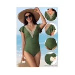Trifabricy Women's One Piece Swimsuit V Neck Ruffle Sleeve Slimming
