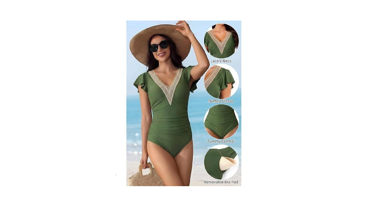 Trifabricy Women's One Piece Swimsuit V Neck Ruffle Sleeve Slimming