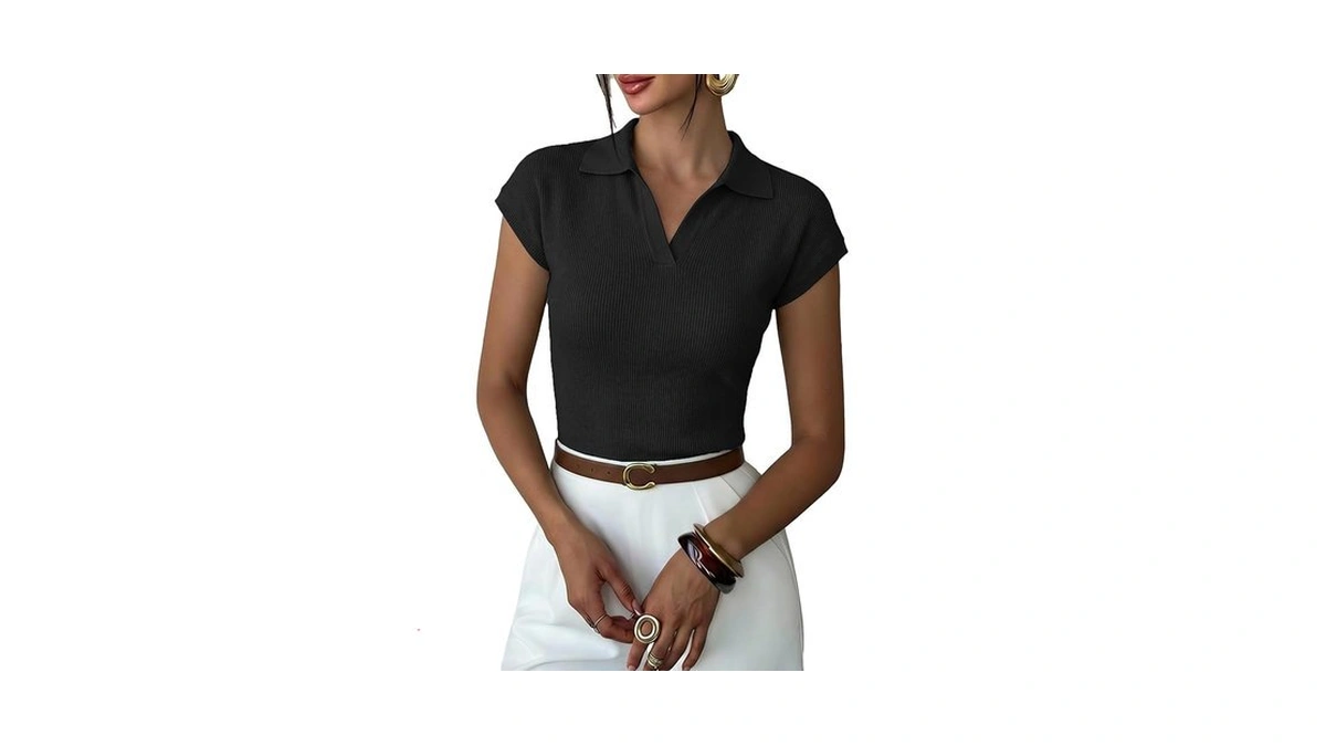 Lagracia Womens Sweater Knit Polo Cap Sleeve Business Casual Tops