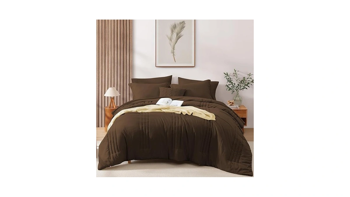 Monbix Full Comforter Set - 7 Pieces Chocolate Brown Bed