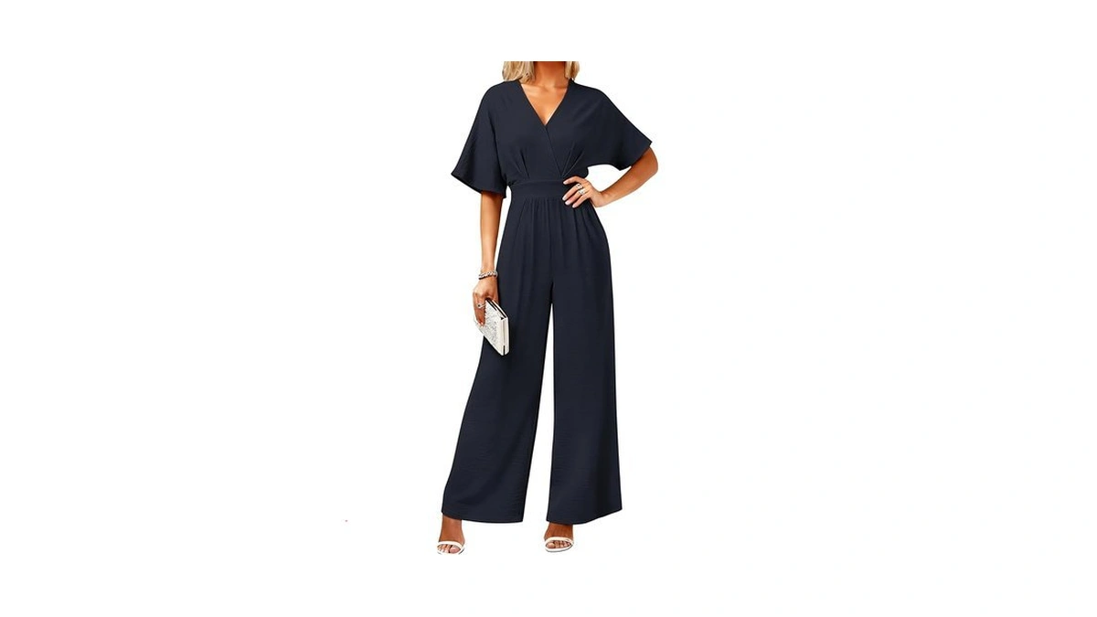 Lookbook Womens Jumpsuit V Neck Batwing Sleeve Belted High Waist