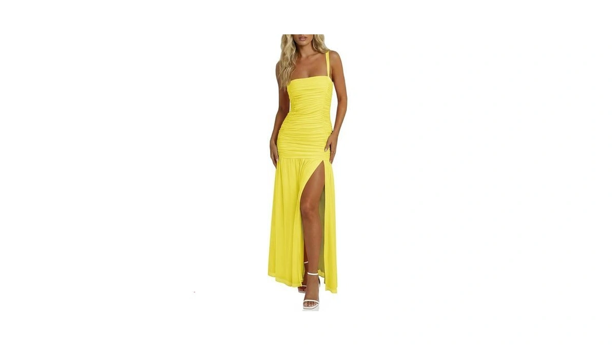 Wenrine Womens Summer Sleeveless Maxi Dress Mesh Ruched Spaghetti Strap