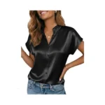Funlingo Womens Blouses Short Sleeve Satin Silk Button Down Shirts