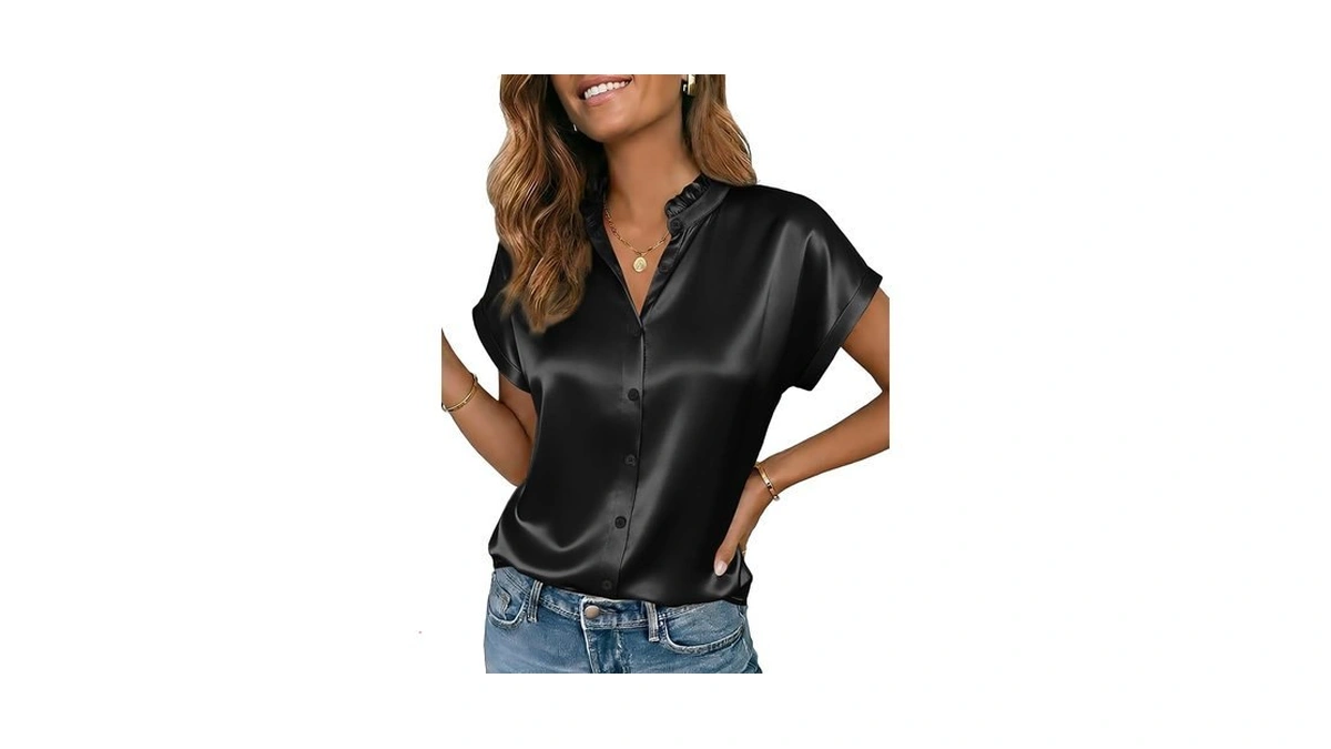 Funlingo Womens Blouses Short Sleeve Satin Silk Button Down Shirts