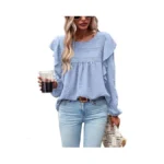 Prettygarden Women's Long Sleeve Blouses Ruffle Swiss Dot Crochet Loose