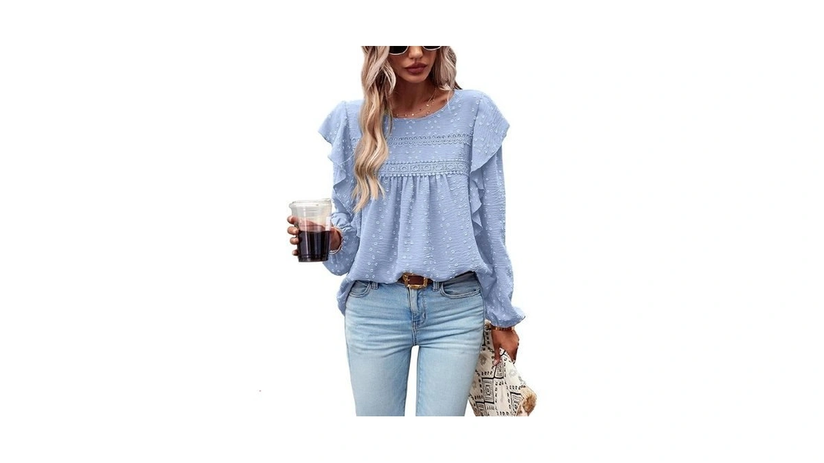 Prettygarden Women's Long Sleeve Blouses Ruffle Swiss Dot Crochet Loose