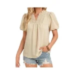 Funlingo Womens Tops Puff Sleeve V Neck Dressy Casual Blouses