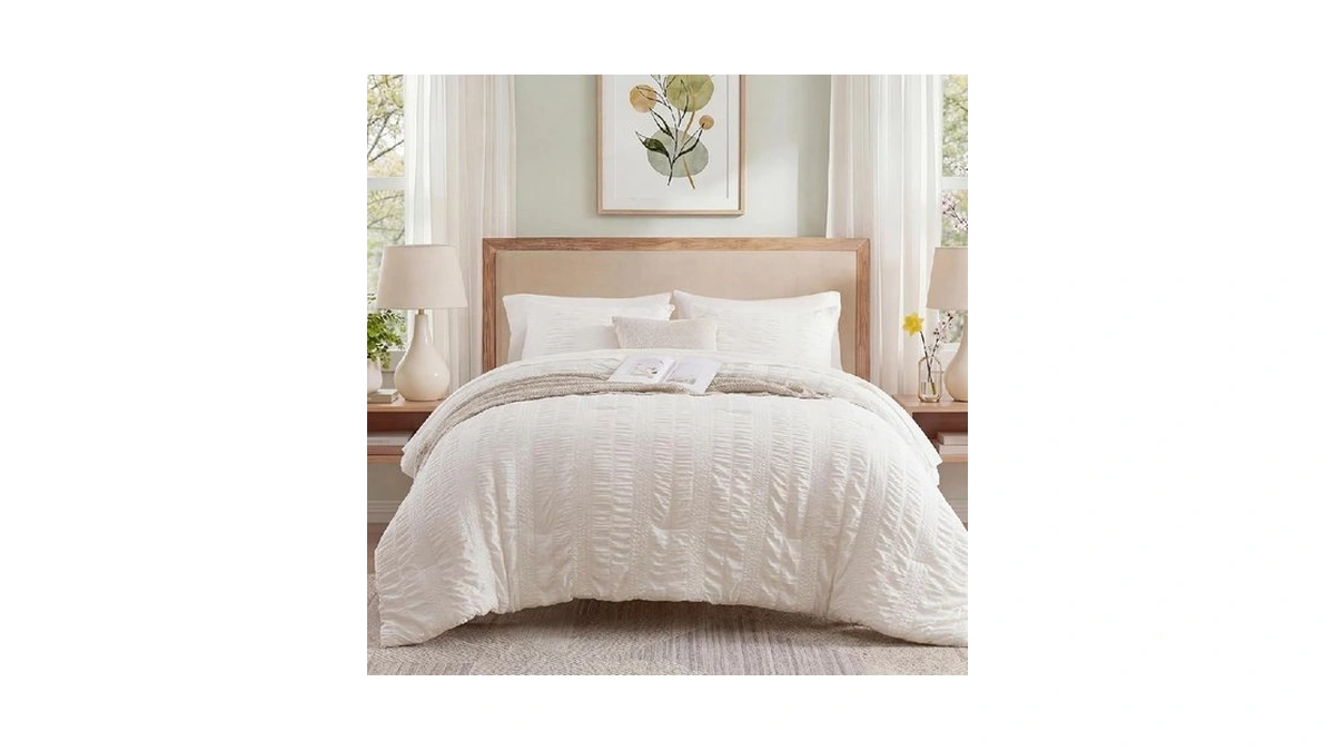 Casaagusto Twin Xl Comforter Set, 5 Pieces Snow White Seersucker