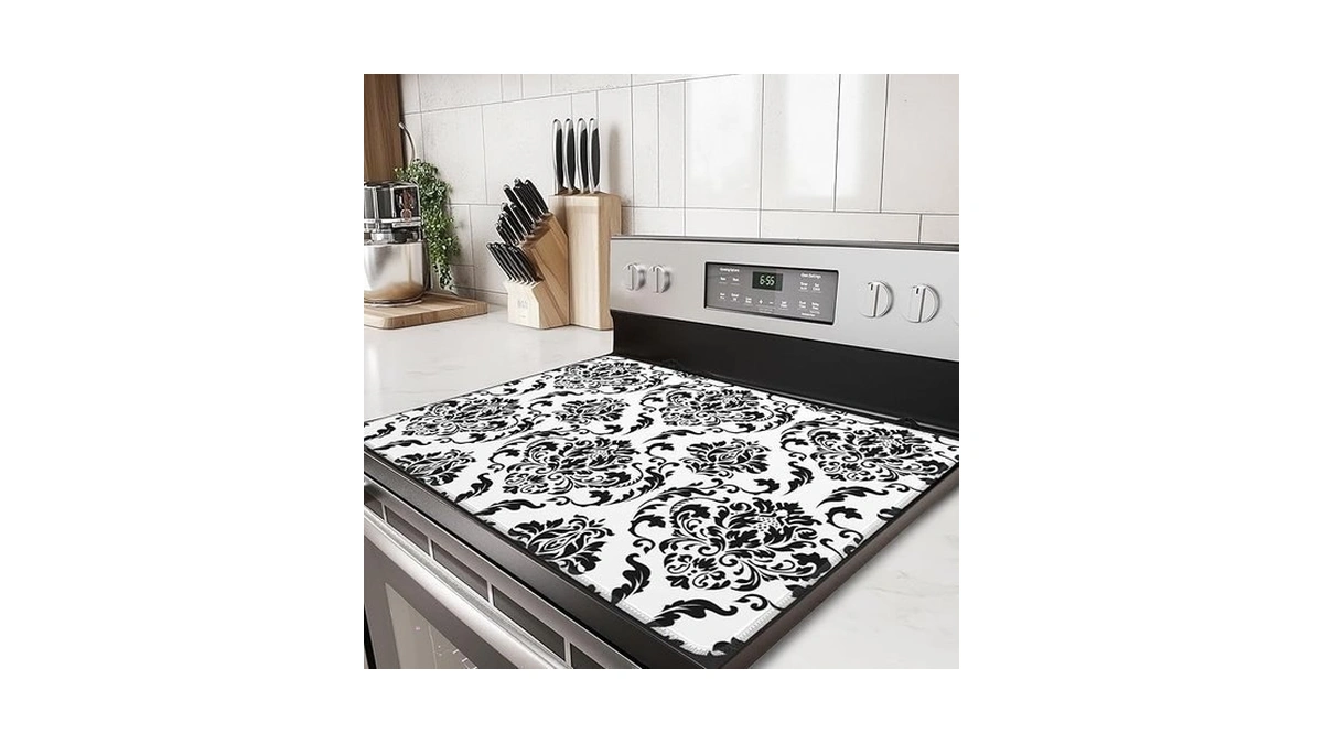 White Black Boho Floral Electric Stove Top Cover Protector-vintage Glass