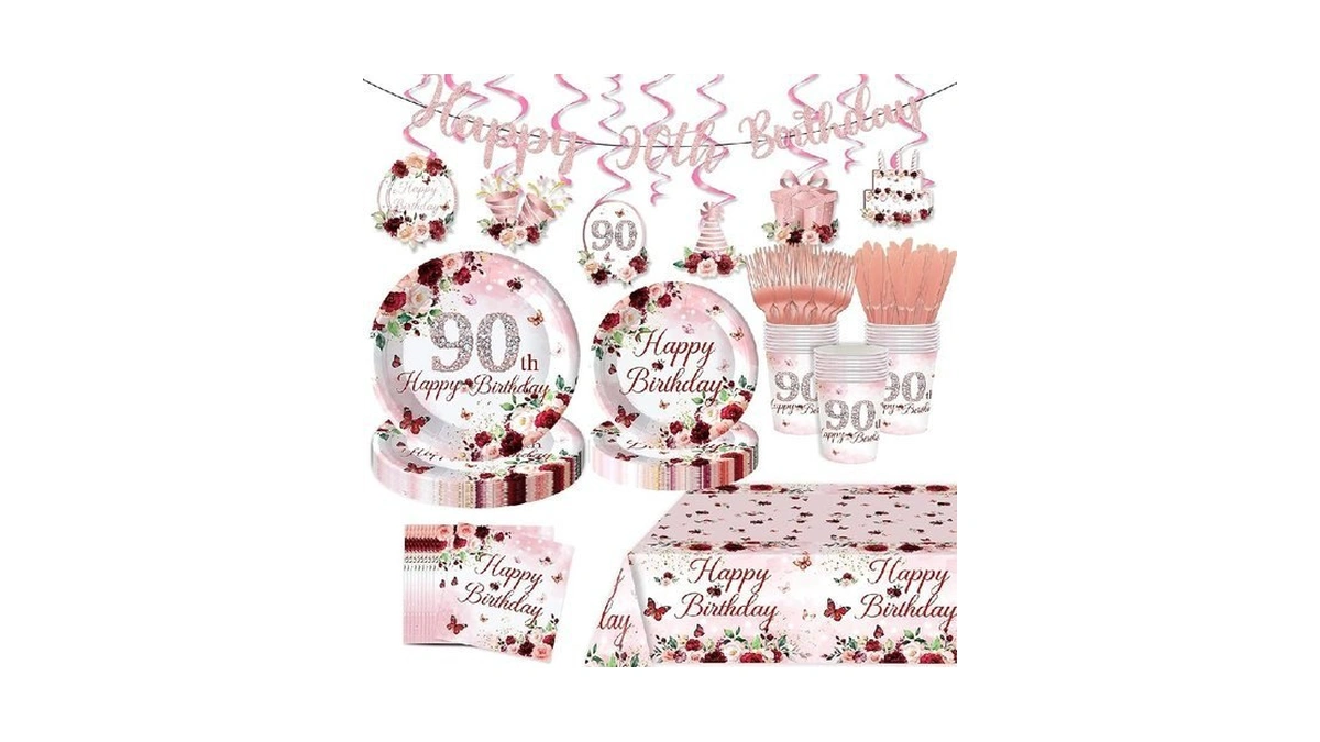 120pcs Happy 90th Birthday Party Supplies For Woman Lady Burgundy