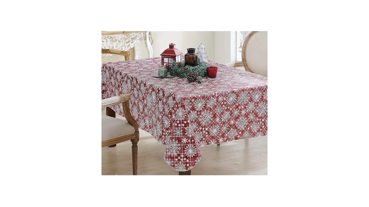 Newbridge Snowfall Snowflake Plaid Christmas Vinyl Tablecloth With Flannel Backing,