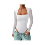 Pinkmstyle Long Sleeve Mesh Bodysuit For Women Square Neck Going