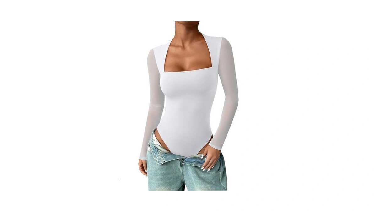 Pinkmstyle Long Sleeve Mesh Bodysuit For Women Square Neck Going