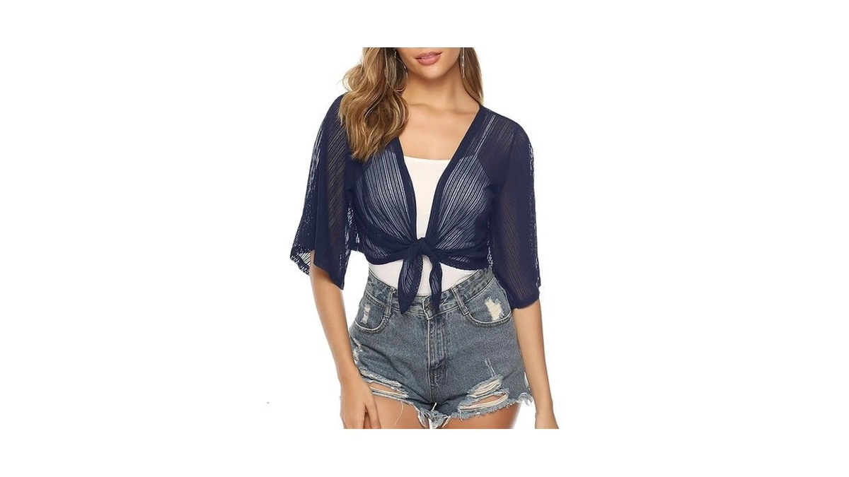 Iclosam Women Tie Front Chiffon Shrug Short Sleeve Cropped Sheer