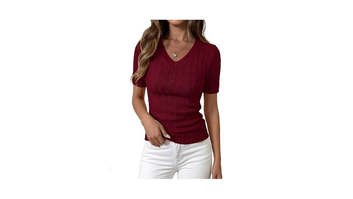 Prettygarden Womens Summer Short Sleeve Sweater Cable Knit V Neck