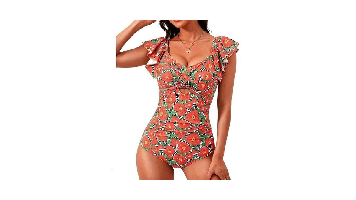 Viaurbe One Piece Swimsuit Ruched Drawstring Ruffle Swimwear V-neck Stretchy