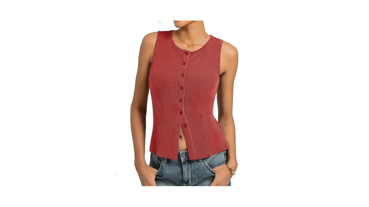 Kate Kasin Woman Red Tank Top Summer Trendy 2026, Button