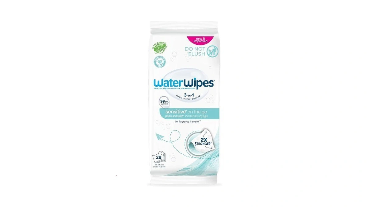 Waterwipes Sensitive+ On The Go Wipes, 3-in-1 Cleans, Cares, Protects,