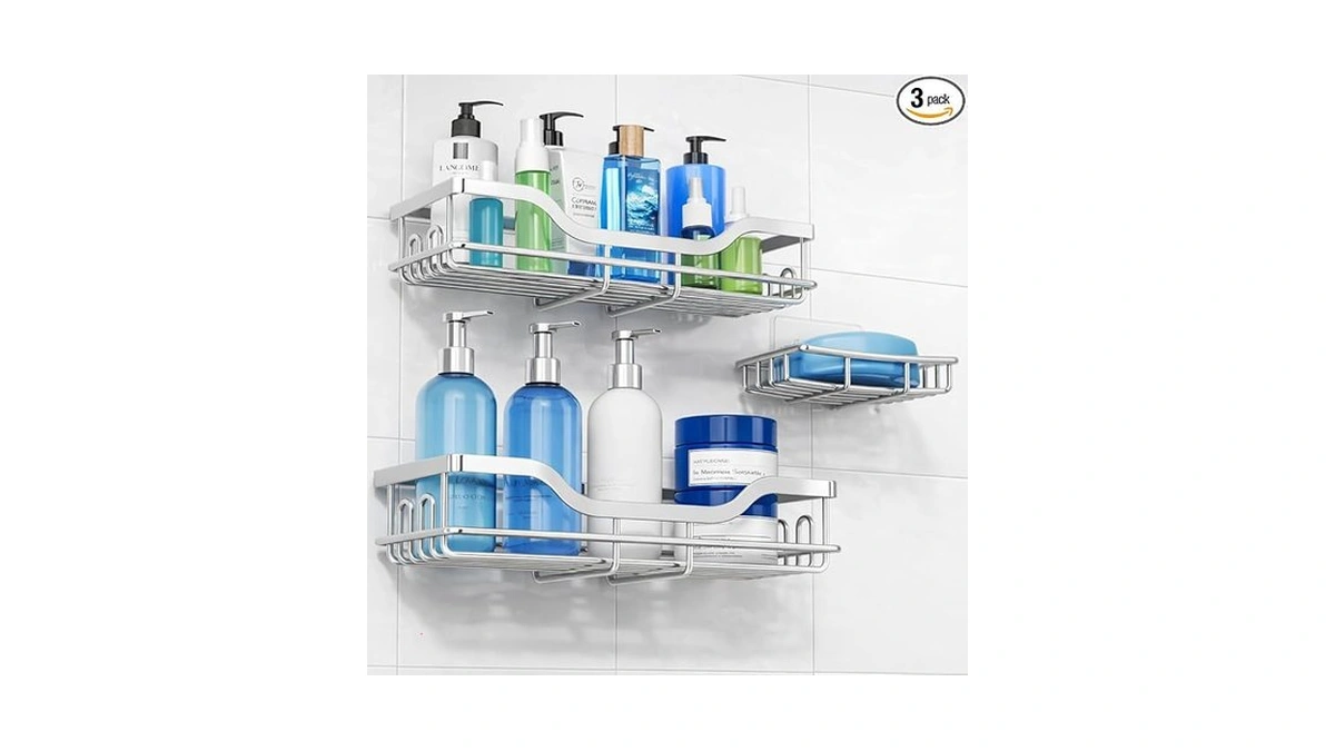 Omaira 3-pack Shower Caddy With Soap Holder, Adhesive Rustproof No-drill