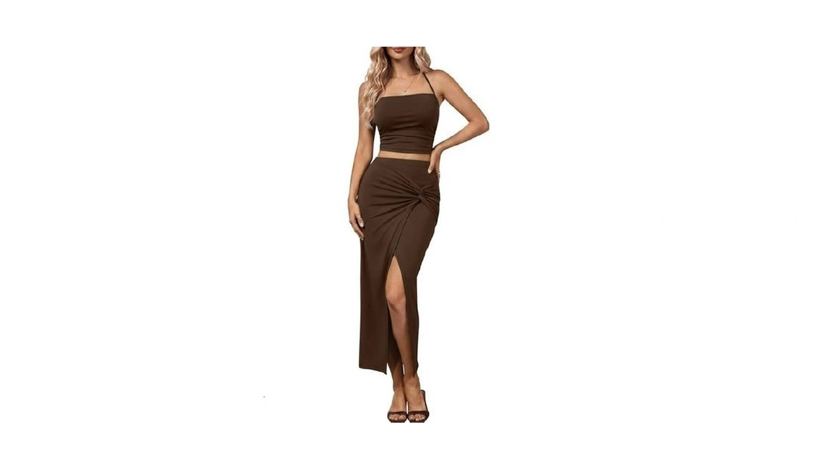 Trendy Queen Womens Ruched Halter Crop Top And Bodycon Long