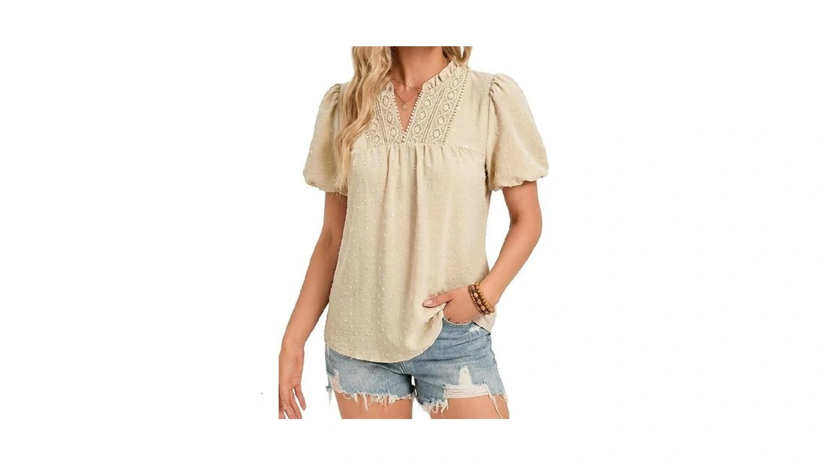 Funlingo Womens Tops Puff Sleeve V Neck Dressy Casual Blouses