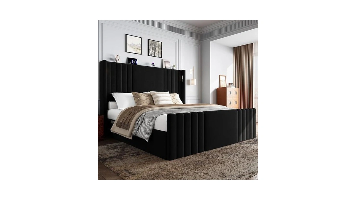 Uteeran Queen Bed Frame With 55.1" Tall Headboard, Velvet Upholstered