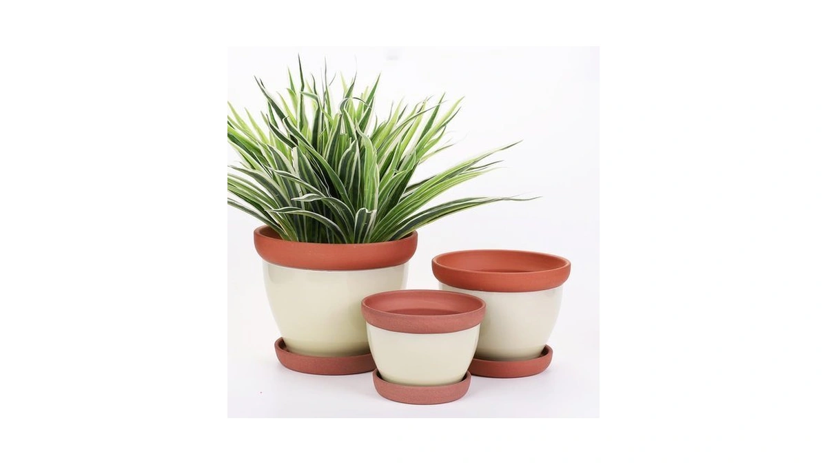 Yishang Glazed Terracotta Pots With Saucers, Set Of 3, 5",
