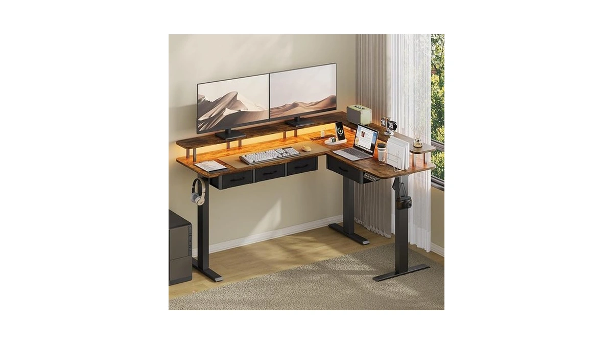 Yanosaku L Shaped Electric Standing Desk With 4 Drawers, 59