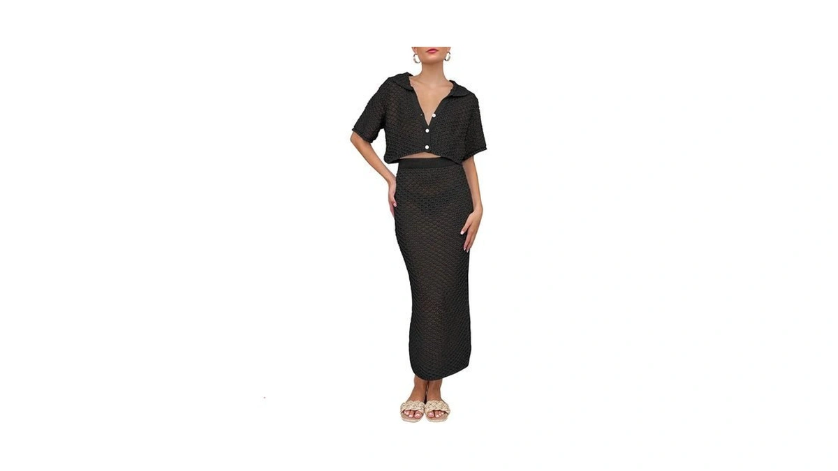 Saodimallsu Women Crochet Beach Cover Up Set Knit Crop Button