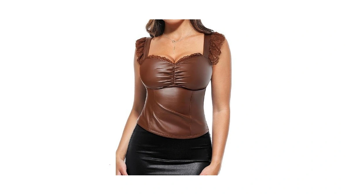 Popilush Leather Top Tummy Control Brown Corset Going Out Club